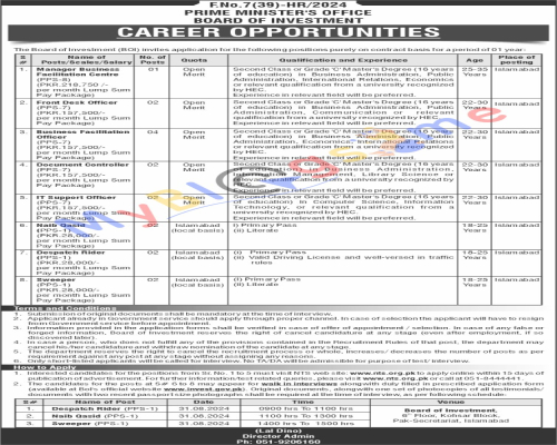 Prime Minister’s Office, Board of Investment-BOI (Main) Career Opportunities